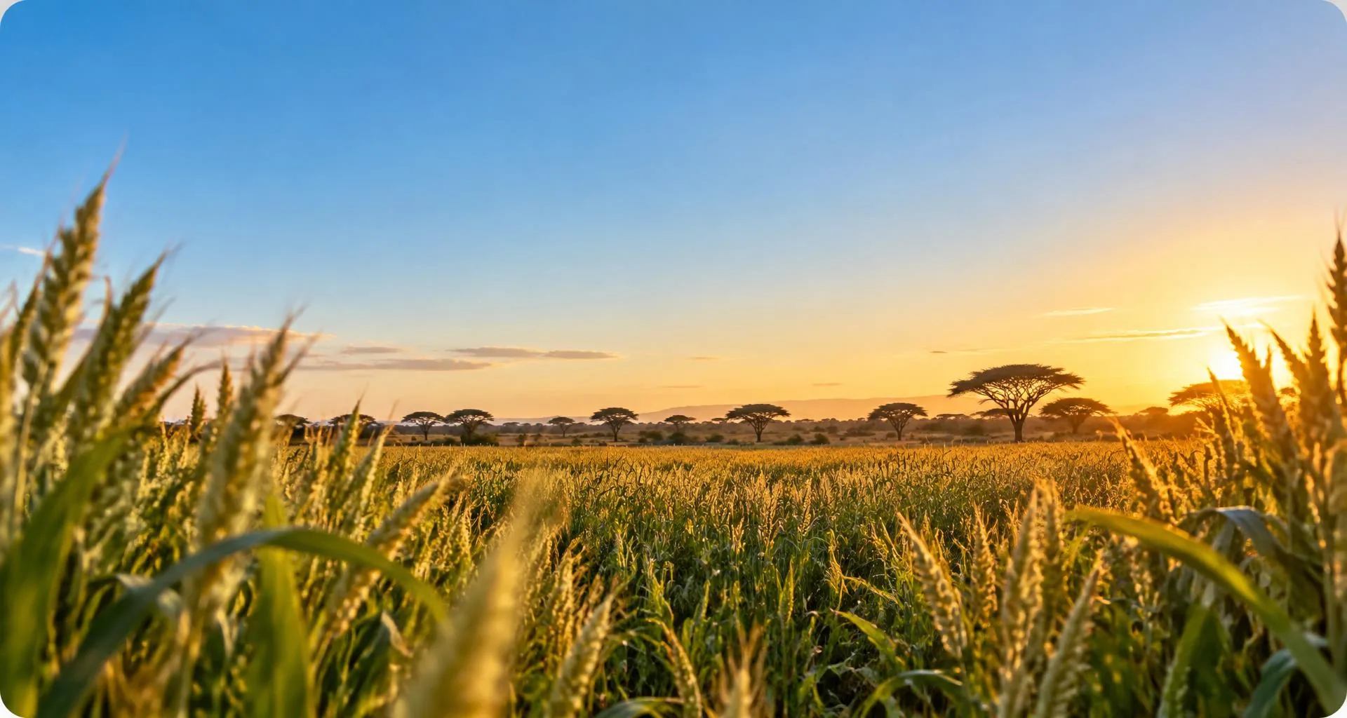 Campo agrícola ao pôr do sol, representando o compromisso de qualidade e fornecimento da Grão D'Ouro