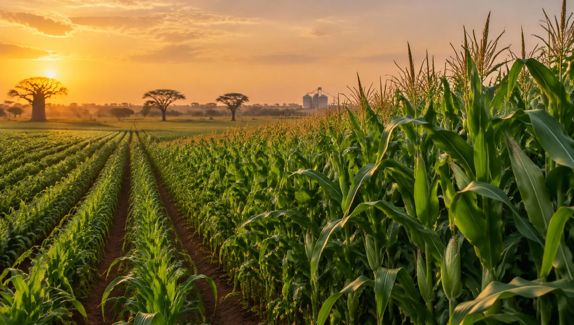Paisagem agrícola ao entardecer, representando a produção da Grão D’Ouro em Moçambique