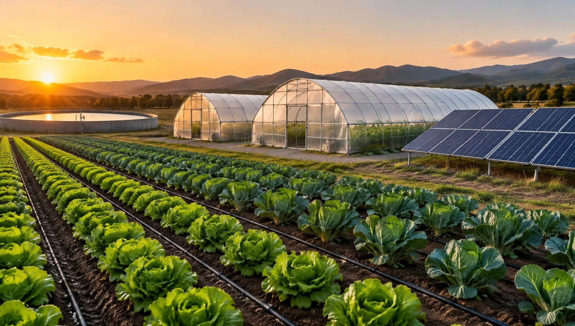 Vista panorâmica da infraestrutura agrícola da Grão D'Ouro: linhas de cultivo hortícola com irrigação gota-a-gota, estufas, painéis solares e reservatório de água