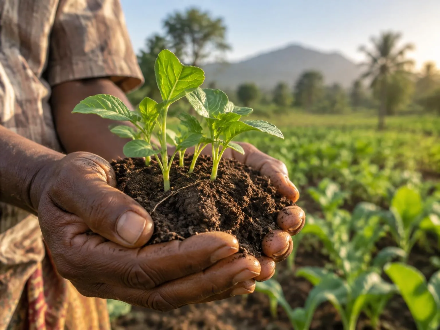 Mãos de agricultor a segurar terra fértil com mudas jovens, em Moçambique